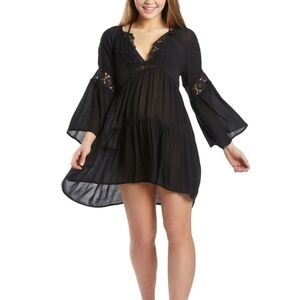 O’Neill Saltwater Solids Bell Sleeve Coverup Tunic Dress in Black size Large